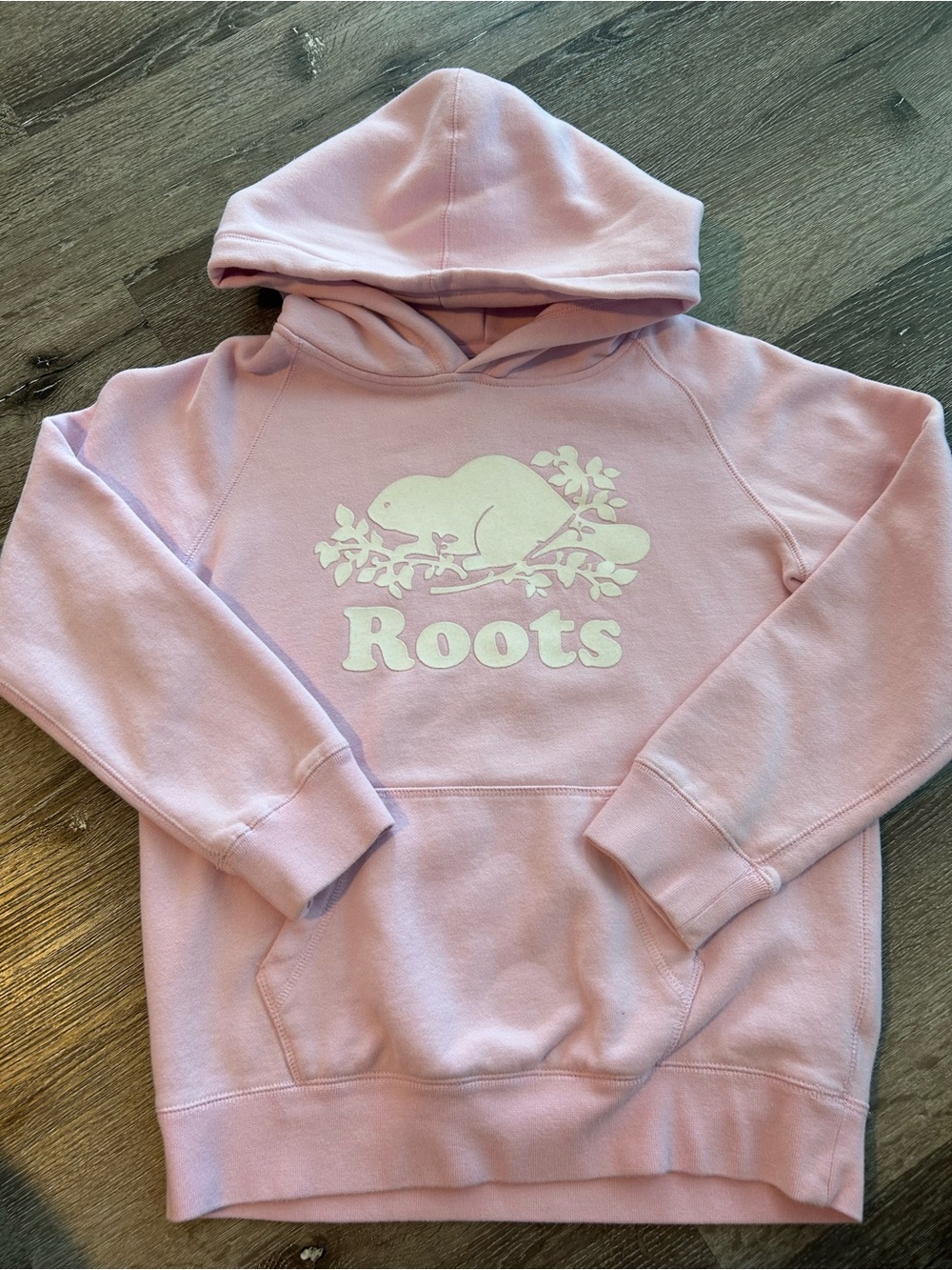 Roots Light Pink Kids Hoodie with White Beaver Logo